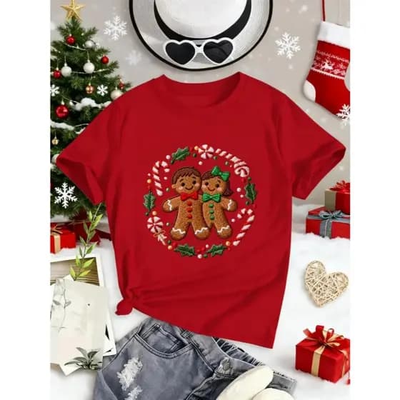 Camiseta Camisas Natal Feminina em Algodão T-shirt Casal Biscoito