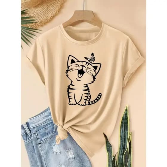 Camiseta Estampadas Camisas Feminina 100% Algodão Gato