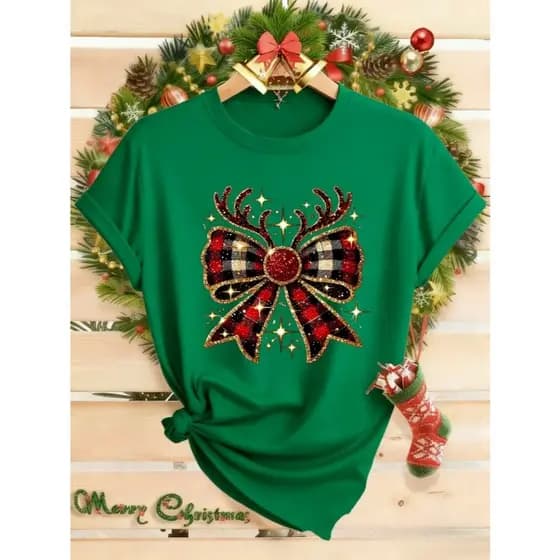 Camiseta Camisas Natal Feminina em Algodão T-shirt Laço