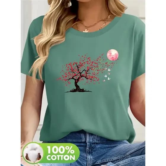 Camiseta Feminina em Algodão T-shirt Árvore Lua
