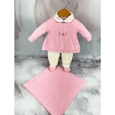 Kit Saida de Maternidade Menina Bebe Tricot Rosa Vestido