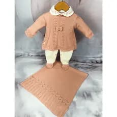 Kit Saida de Maternidade Menina Bebe Tricot Bege Vestido