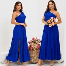 Vestido Adulto Ombro Só  Detalhe Lastex Babado  Longo Festa Madrinha Casamento Formatura Batizado