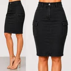 Saia Cargo Jeans Feminina  Mídi Cintura Alta  Bolso Cargo Lateral