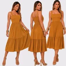 Vestido Mídi Alça Rodado Vestido Moda Cristã Feminino  Casual De Alça Liso