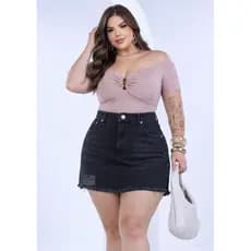 Saia Jeans Curta Plus Size Preta Cintura Alta Destroyed 46 ao 52 Moda Atual