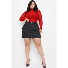 Saia Cargo Jeans Curta Plus Size Cintura Alta com Bolsos Funcionais 46 ao 52 Moderna