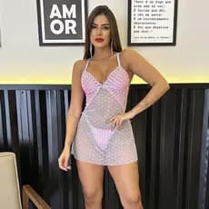 Camisola De Tule Transparente Sem Bojo Com Abertura Rendada Com Calcinha Fio
