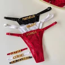 Calcinha Fio Dental Renda Com Regulagem Personalizada Letras Douradas Para Nomes Frases
