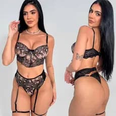 Conjunto Com Bojo Bordado Renda E Tule Cinta Liga Sensual
