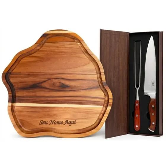 Kit Churrasco Cozinha Moderna Madeira com Garfo e Faca Personalizados