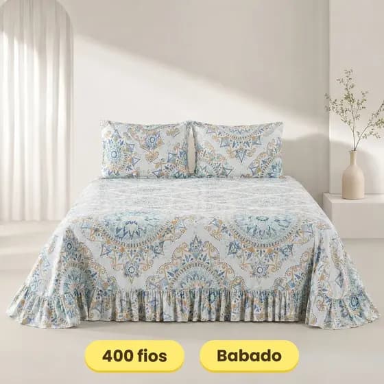 Colcha Cobre Leito 400 fios com Babado Laila Estampado com Porta Travesseiro EDDI Casa
