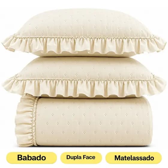 Colcha Cobre Leito Bella com Babado Matelassado Cores Lisas com Porta Travesseiro EDDI Casa