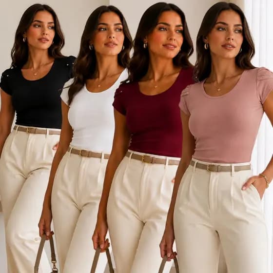 Kit 4 Blusa feminina básica t-shirt detalhe na manga