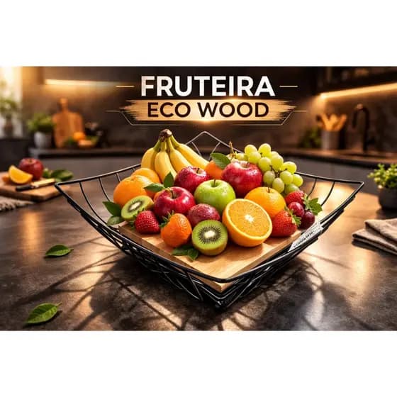 Fruteira Quadrada Preta Base Madeira Organizador Frutas Mesa Cozinha Moderna Organização