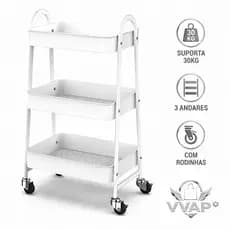 Organizador Metalico Multiuso 3 Andares Com Rodizios Branco Prateleira Modular