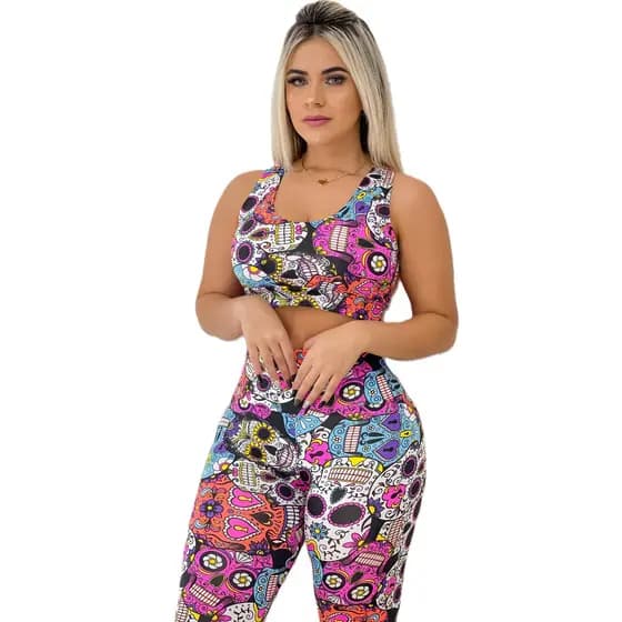 Conjunto Para Academia Top + Leg Estampas De Caveira Mexicana Colorida