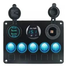 Painel Elétrico 5 Chaves 2 Usb Com Voltímetro Motorhome Azul