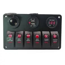Painel Elétrico 6 Chaves Usb  Voltímetro Lancha Vermelho