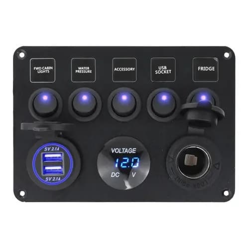 Painel Elétrico 5 Chaves 2 Usb Com Voltímetro Lancha Barco