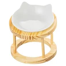 Comedouro Gato Elevado– Tigela 320m Porcelana Pet Vasilha Pote Comida Prato Gatinho Suporte Madeira
