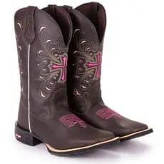 Bota Texana Feminina Country Bico Quadrado Solado De Borracha Cruz Normal Rosa