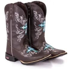 Bota Texana Feminina Country Bico Quadrado Bordada Cruz Espelhada Azul