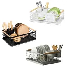 Escorredor Louças Pratos Talheres Cesto Metal Madeira 43x32cm Design Moderno Premium