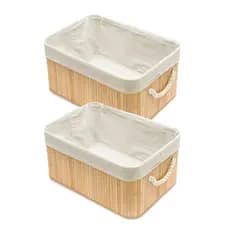 Kit 2 Cesto Organizador em Bambu Natural Tecido Linho 24x14x12cm Retangular Organização Casa