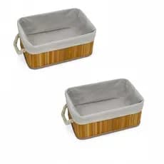Kit 2 Caixa Cesto Organizador Retangular Com Alcas Bambu Natural Coberto Com Tecido Linho 26X18X12Cm