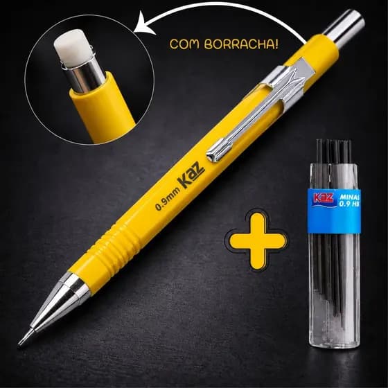 Lapiseira Técnica 0.9 Com Borracha + Grafite Material Amarela Escritorio Papelaria Escolar