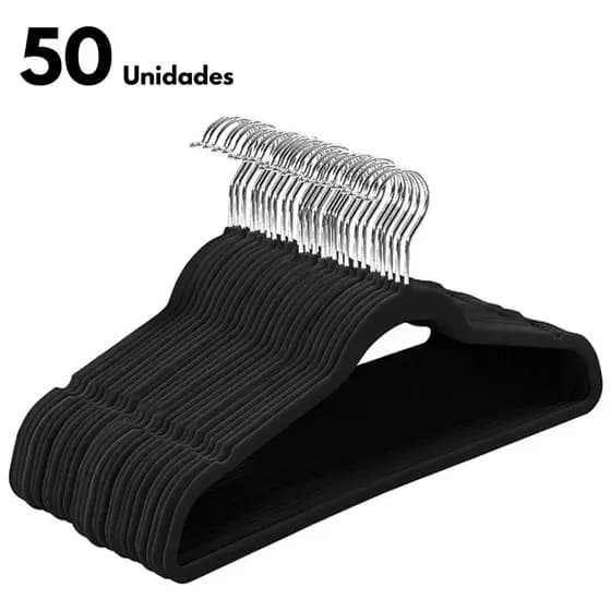 KIT 50 CABIDE DES VELUDO PRETO ADULTO FUKUYAMA Slim  Antideslizante Com Gancho Giratório 360