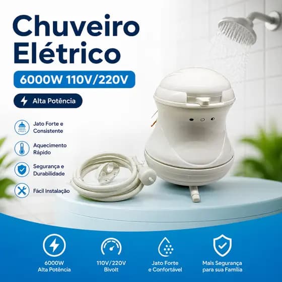 Chuveiro Elétrico 6000W 110V/220V Alta Potência Resistência Durável Instalação Fácil
