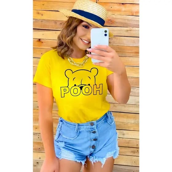 Camiseta Feminina Usinho Pooh Amarela Fofa Delicada