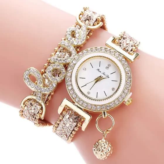 Relógio De Pulso Feminino Com Pulseira De Gêmeos Incrustada Com Diamante Love