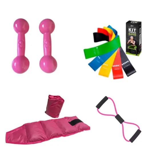 Halter 3 Kg Rosa + Caneleira 3 Kg Rosa + Kit Theraband+ Elástico Multifuncional