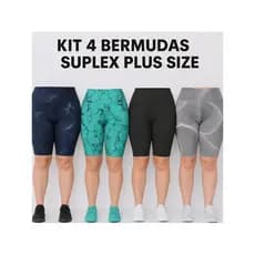 Kit 4 Bermudas Femininas Plus Size em Suplex | Cintura Alta G1 G2 G3 | Academia, CrossFit e Dia a Dia