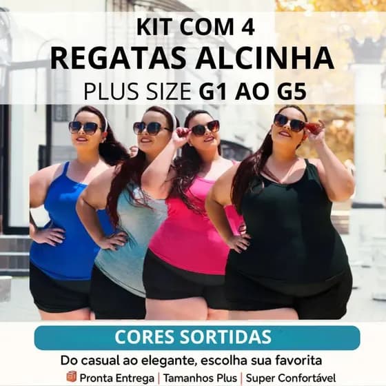 Kit 4 Regatas Plus Size Feminina G1 ao G5 - Alças Finas - Fresquinhas, Leves e Confortáveis Sortidas