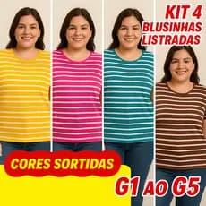 Kit 4 Blusinhas Listradas Plus Size G1 ao G5 | Cores Sortidas | Conforto e Estilo Casual