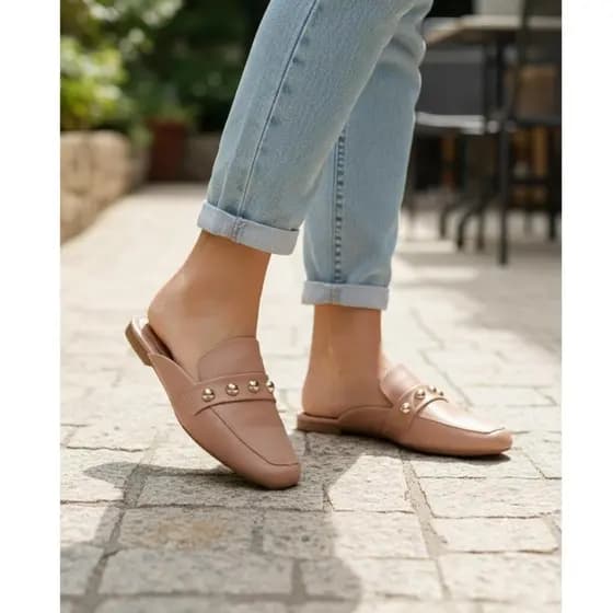 Mule Feminino Bico Quadrado com aplicação de abs Dourado Conforto Preto Nude Dourado