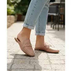 Mule Feminino Bico Quadrado com aplicação de abs Dourado Conforto Preto Nude Dourado