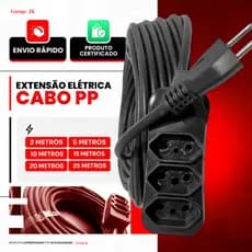 Extensão Elétrica Cabo PP 2/5/10/15/20/25 Metros Reforçada 2x2.5mm 10/20A Cor Preto Bivolt 127/220V