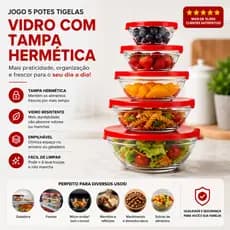 Potes de Vidro Hermético com Tampa Redondo Kit 5 e 10 Empilhável para Cozinha Marmitas Alimentos