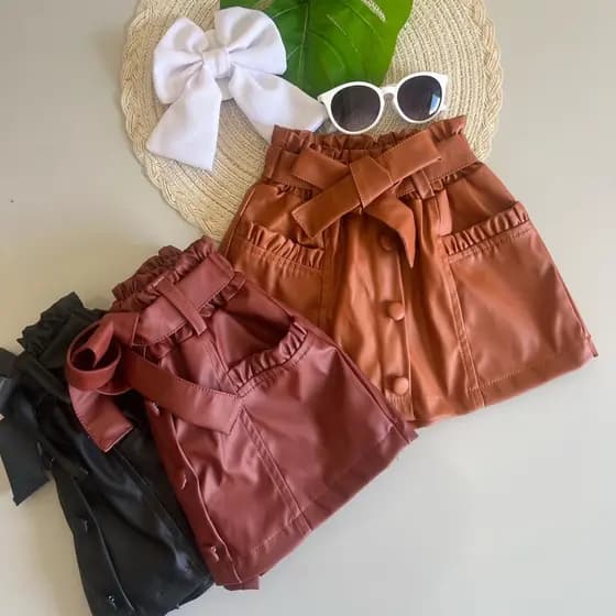 short saia couro fake Napa menina infantil moda blogueirinha Mini diva roupa de menina criança