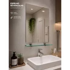 Kit Banheiro Espelho Retangular + Prateleira Porta Shampoo Escovas Banheiro Vários Tamanhos