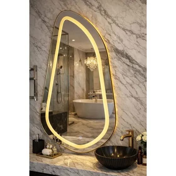 Espelho Orgânico com LED BOTÃO TOUCH E JATO 120x60 – Espelho Decorativo Moderno de Parede para Banheiro, Sala ou Quarto