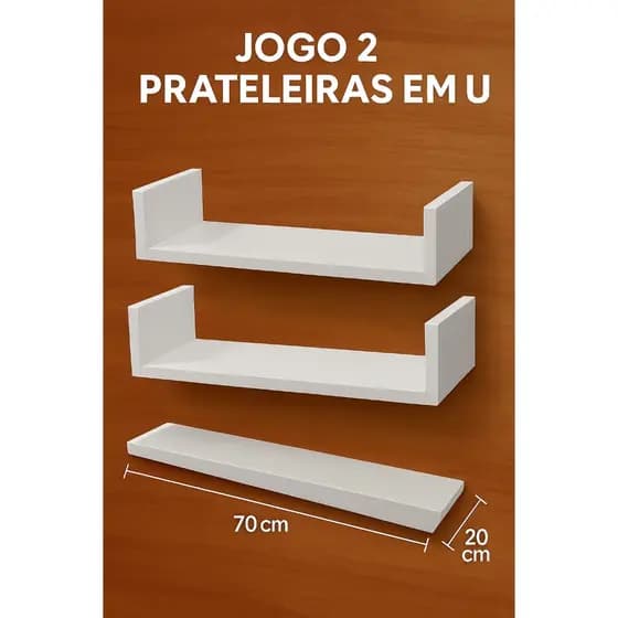 Jogo Kit 2 Prateleiras Brancas Em U 70x20 Quarto Sala Cozinha Mdf
