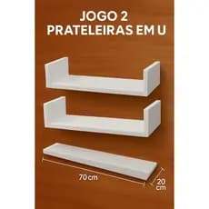Jogo Kit 2 Prateleiras Brancas Em U 70x20 Quarto Sala Cozinha Mdf