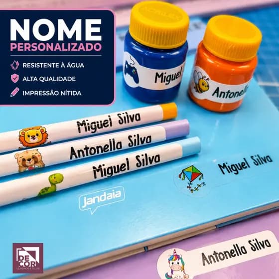 Etiquetas Escolares Personalizadas com Nome 100un Resistente à Água Creche Escola Infantil 6X1,5cm