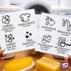 Kit Etiquetas Transparentes Lavanderia Impermeáveis Organização Potes Sabão Amaciante Clean Moderno